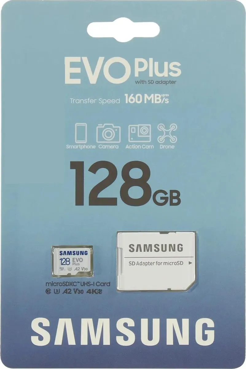 Samsung EVO Plus microSDXC 128GB A2, UHS Class 3, Video Class 30, 160 MB/s Samsung EVO Plus microSDXC 128GB A2, UHS Class 3, Video Class 30, 160 MB/s