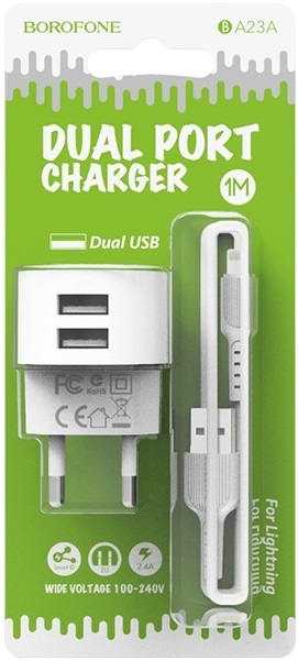 Borofone Сетевое зарядное устройство BA23A Brilliant 2USB + кабель 8pin, 2.4A