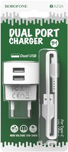 Borofone Сетевое зарядное устройство BA23A Brilliant 2USB + кабель USB Type-C, 2.4A