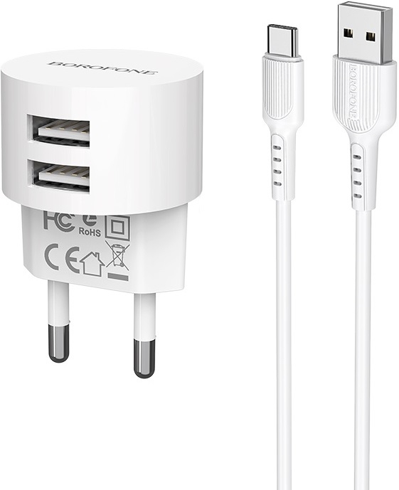 

Зарядное устройство Borofone, Сетевое зарядное устройство BA23A Brilliant 2USB + кабель USB Type-C, 2.4A (white)