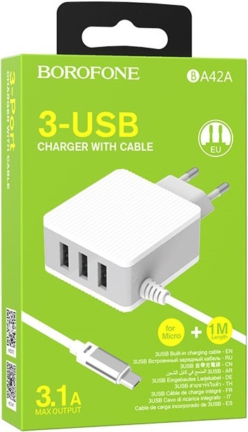 Borofone Сетевое зарядное устройство BA42A Joyful MicroUSB + 3USB, 3.1A