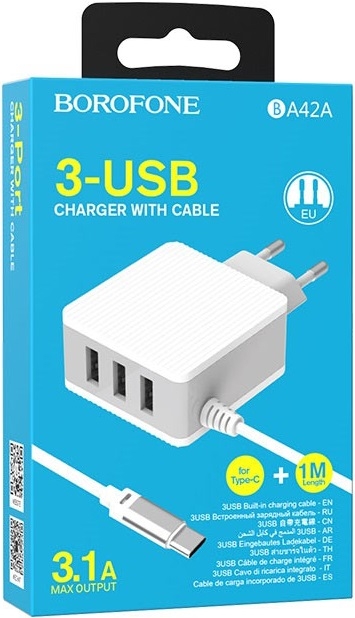 Borofone Сетевое зарядное устройство BA42A Joyful USB Type-C + 3USB, 3.1A