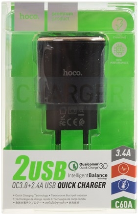 Hoco Сетевое зарядное устройство C60A Prestige 2USB QC3.0, 3A