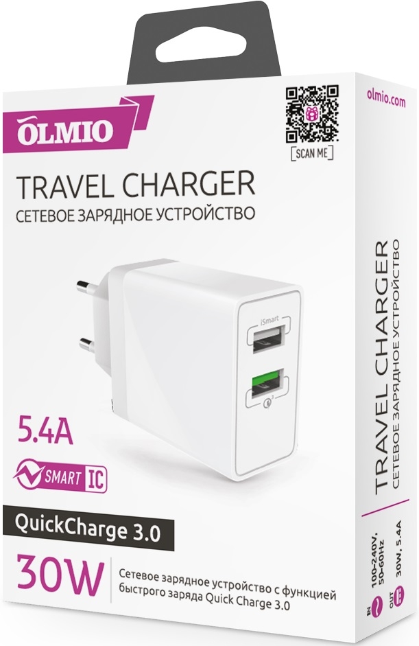OLMIO Сетевое зарядное устройство QC3.0 2USB, 30W