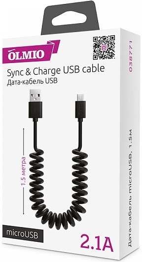 OLMIO Кабель витой USB-microUSB, 2.1A
