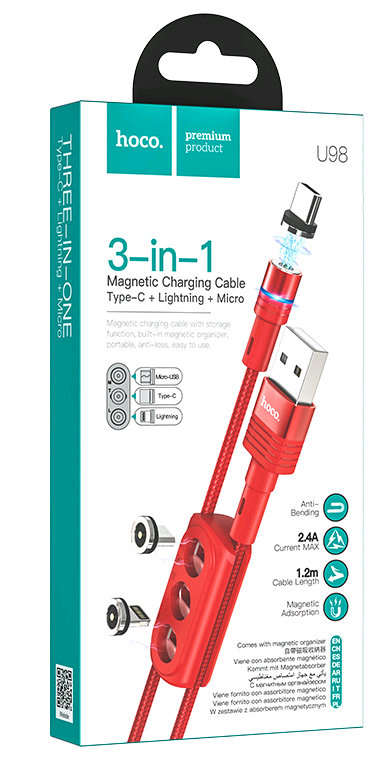 Hoco Кабель магнитный U98 USB 3 в 1 (Micro + Lightning + Type-C) 1.2м