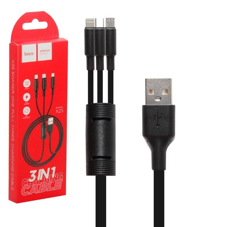 Hoco Кабель USB 3 в 1 (Micro + Lightning + Type-C) X25 1м