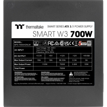 Thermaltake Smart W3 Gen.5, 700W, 80 PLUS White, PS-SPW-0700NNFAWE-1, черный