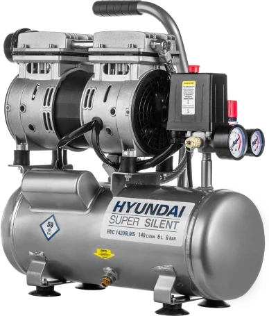 Компрессор поршневой Hyundai HYC 14206LMS безмасляный 140л/мин 6л 750Вт серебристый