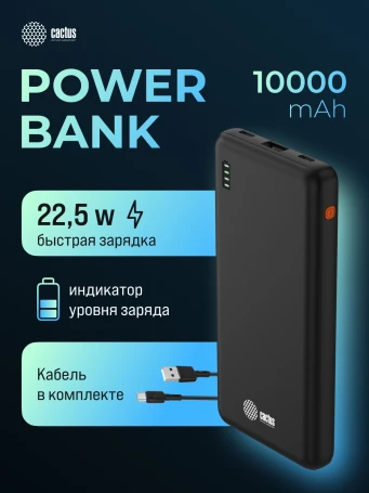 Мобильный аккумулятор Cactus CS-PBFSAA-10000 10000mAh 22.5W 4.5A USB-A/2xUSB-C черный
