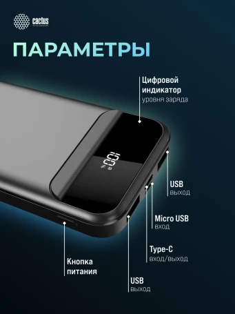 Мобильный аккумулятор Cactus CS-PBFSCA-10000 10000mAh 22.5W 4.5A 2xUSB-A/USB-C черный