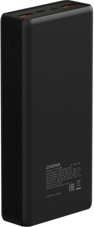 Мобильный аккумулятор Digma DGPF20B 20000mAh QC3.0/PD3.0 22.5W 3A 2xUSB-A/USB-C черный (DGPF20B22PBK)