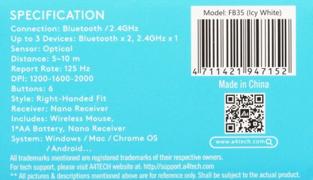 A4Tech Fstyler FB35, беспроводная, 2000dpi, белый/серый