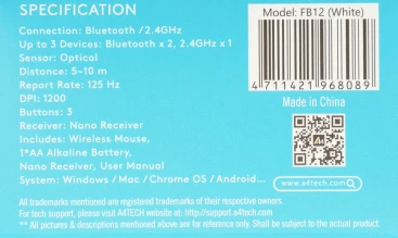 A4Tech Fstyler FB12, беспроводная, 1200dpi, белый