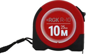 Рулетка строительная RGK R10 дл.полотна 10м изм.шкала в см зацеп простой красный/черный (774918)