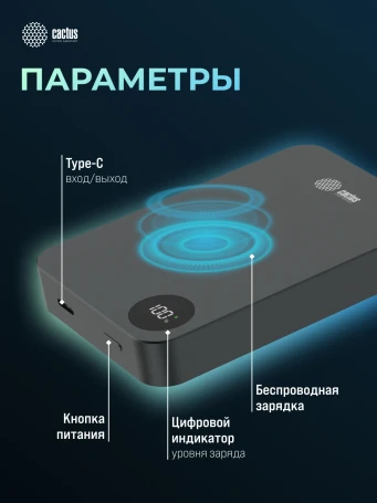 Мобильный аккумулятор Cactus CS-PBFSTA-10000 10000mAh 22.5W 4.5A USB-C беспров.зар. серый