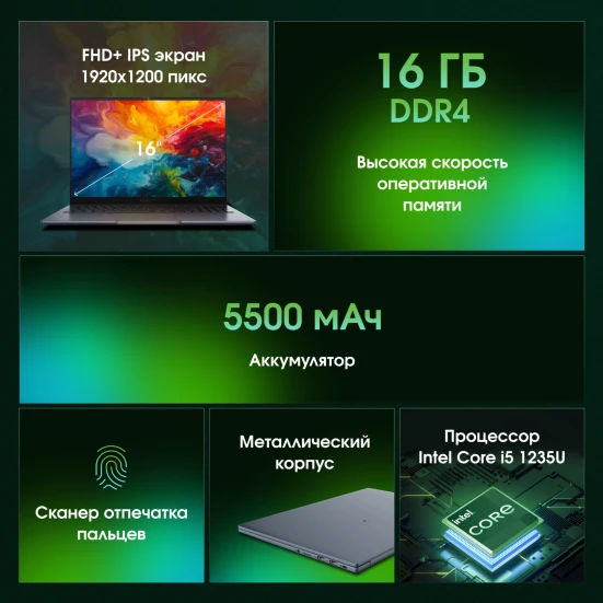 Ноутбук Digma Pro Pactos Core i5 1235U 16Gb SSD512Gb Intel Iris Xe graphics 16" IPS WUXGA (1920x1200) Windows 11 Pro dk.grey WiFi BT Cam 5500mAh (DN16P5-ADXW01)