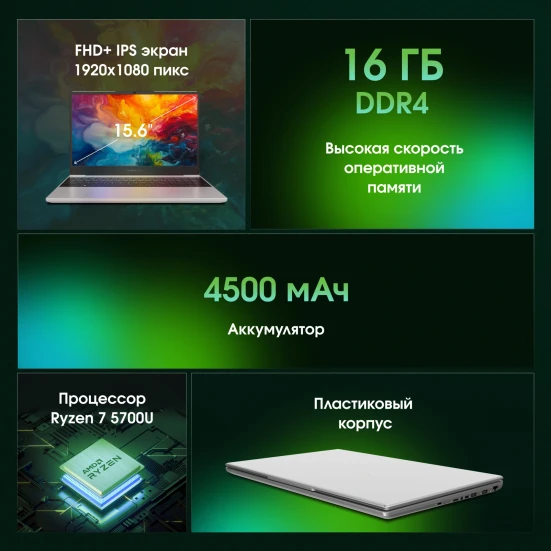 Ноутбук Digma Pro Breve Ryzen 7 5700U 16Gb SSD512Gb AMD Radeon Graphics 15.6" IPS FHD (1920x1080) Windows 11 Pro silver WiFi BT Cam 4500mAh (DN15R7-ADXW01)