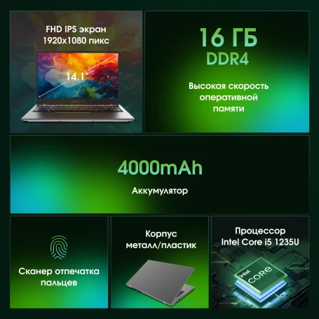 Ноутбук Digma Pro Fortis M Core i5 1235U 16Gb SSD512Gb Intel Iris Xe graphics 14.1" IPS FHD (1920x1080) Windows 11 Pro grey WiFi BT Cam 4000mAh (DN14P5-ADXW03)