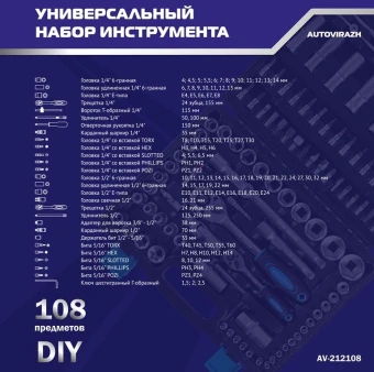 Набор инструментов Autovirazh AV-212108 108 предметов (жесткий кейс)