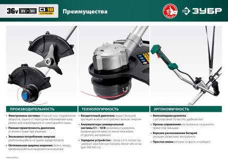 Триммер электрический Зубр ТАБ-365-22 аккум. разбор.штан. реж.эл.:леска/нож