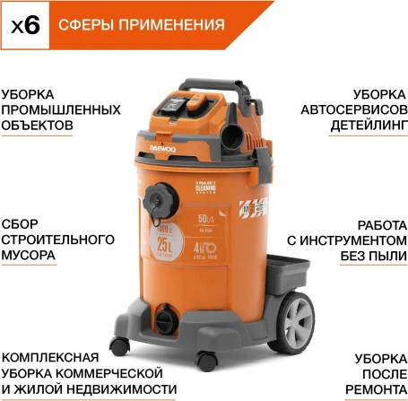 Строительный пылесос Daewoo DAVC 2500SD 1400Вт (уборка: сухая/сбор воды/выдув) оранжевый