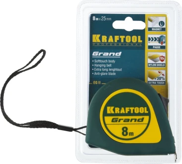 Рулетка строительная Kraftool Grand дл.полотна 8м изм.шкала в см зацеп простой зеленый (34022-08-25)
