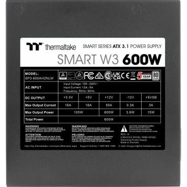 Thermaltake Smart W3 Gen.5, 600W, 80 PLUS White, PS-SPW-0600NNFAWE-1, черный